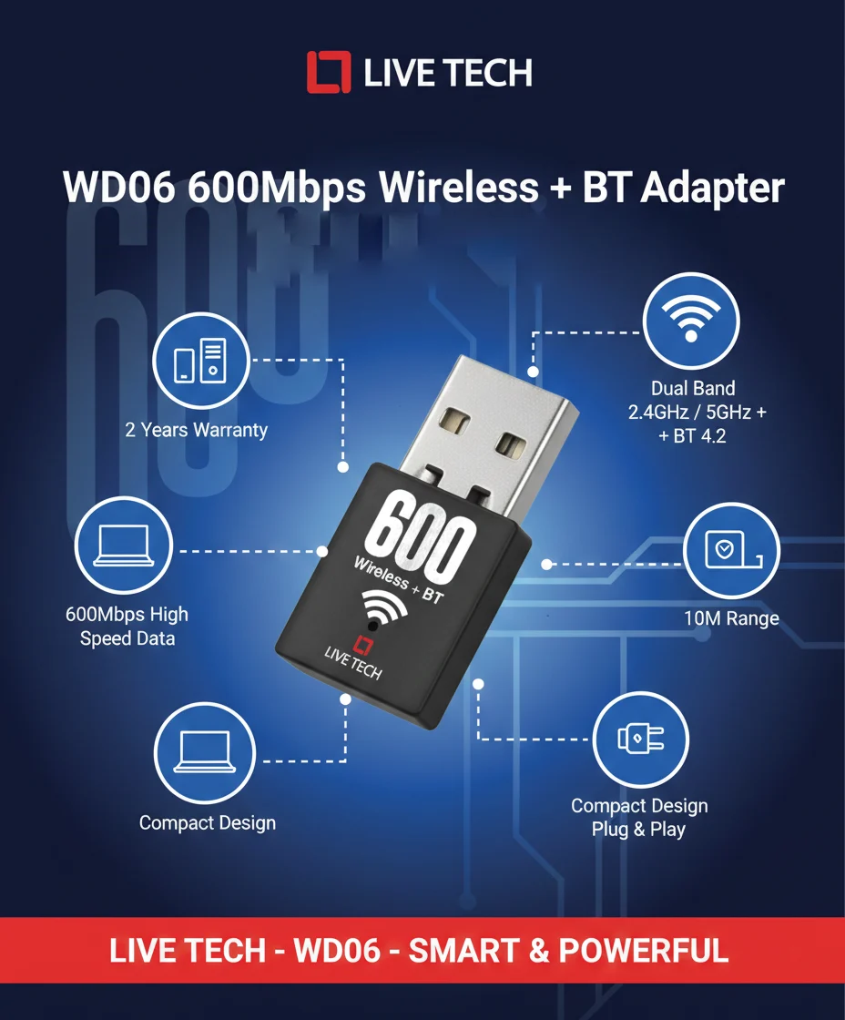 Live Tech WD06 600Mbps Dual Band WiFi + Bluetooth Adapter