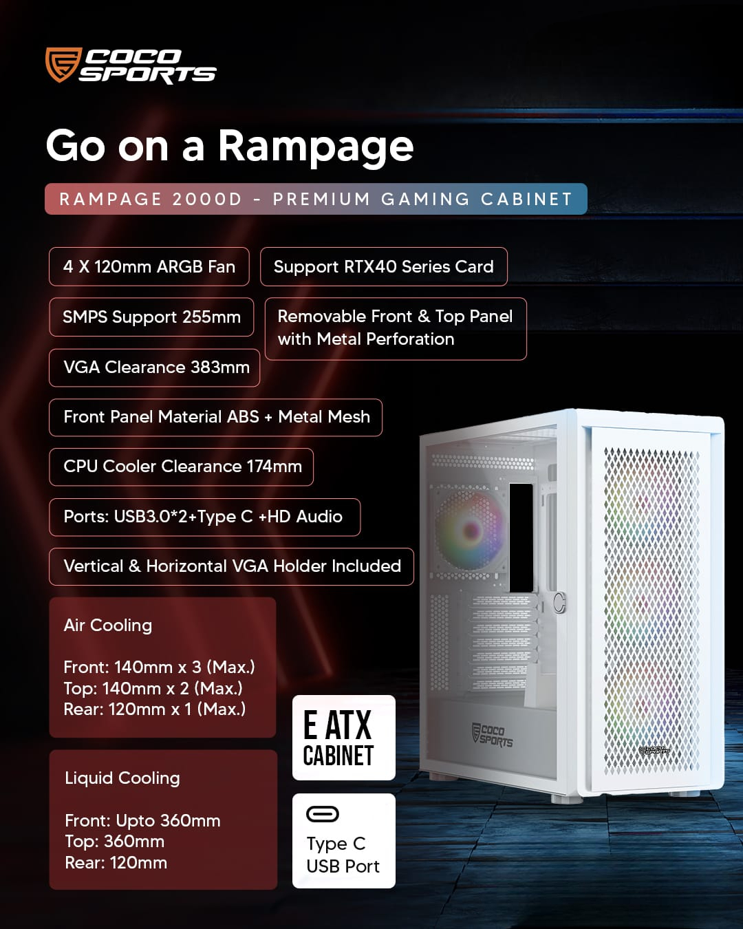 COCONUT RAMPAGE 2000D E ATX ARGB GAMING CABINET WHITE