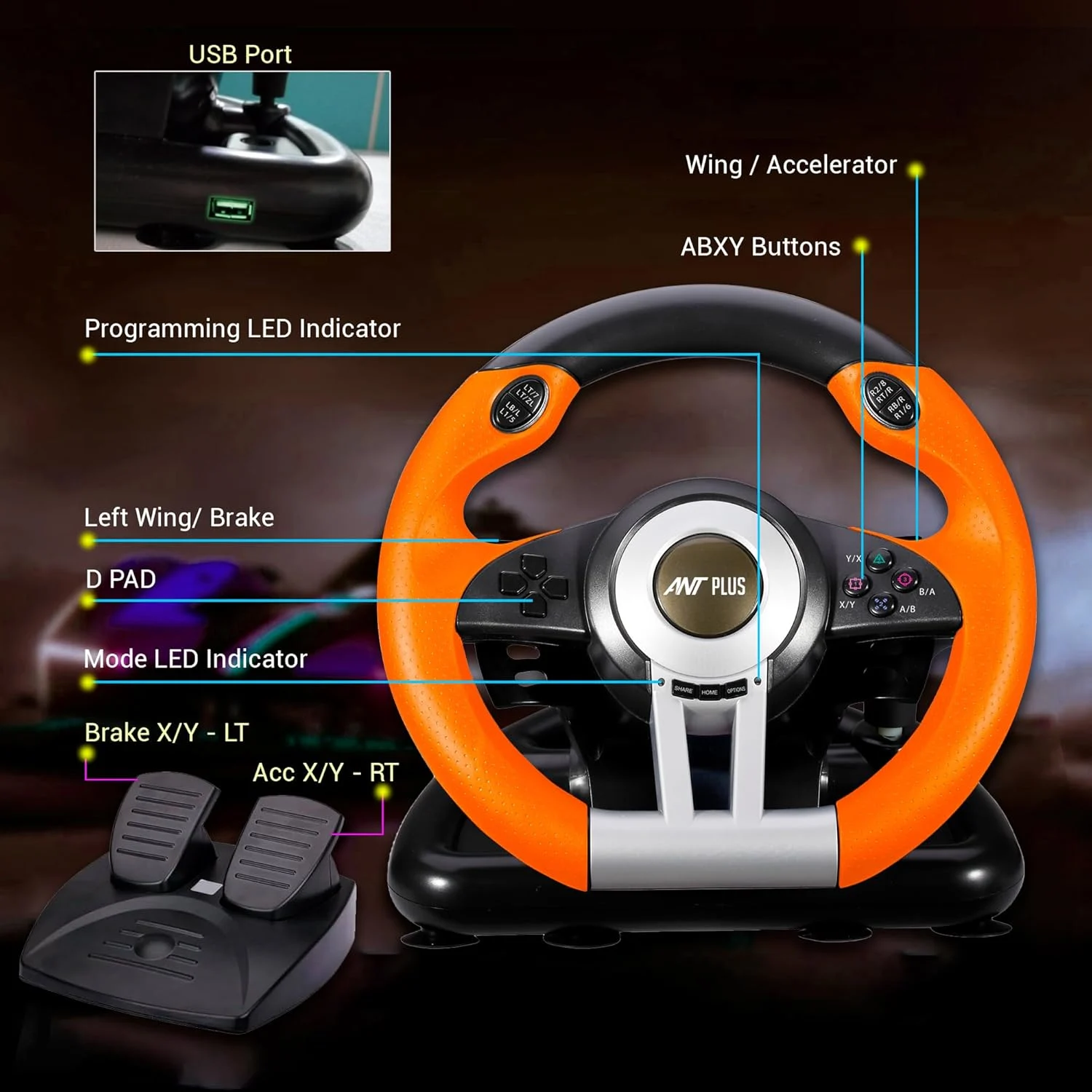 Ant Esports Fire Pro V3 Corsa Racing Wheel with Pedals – Black