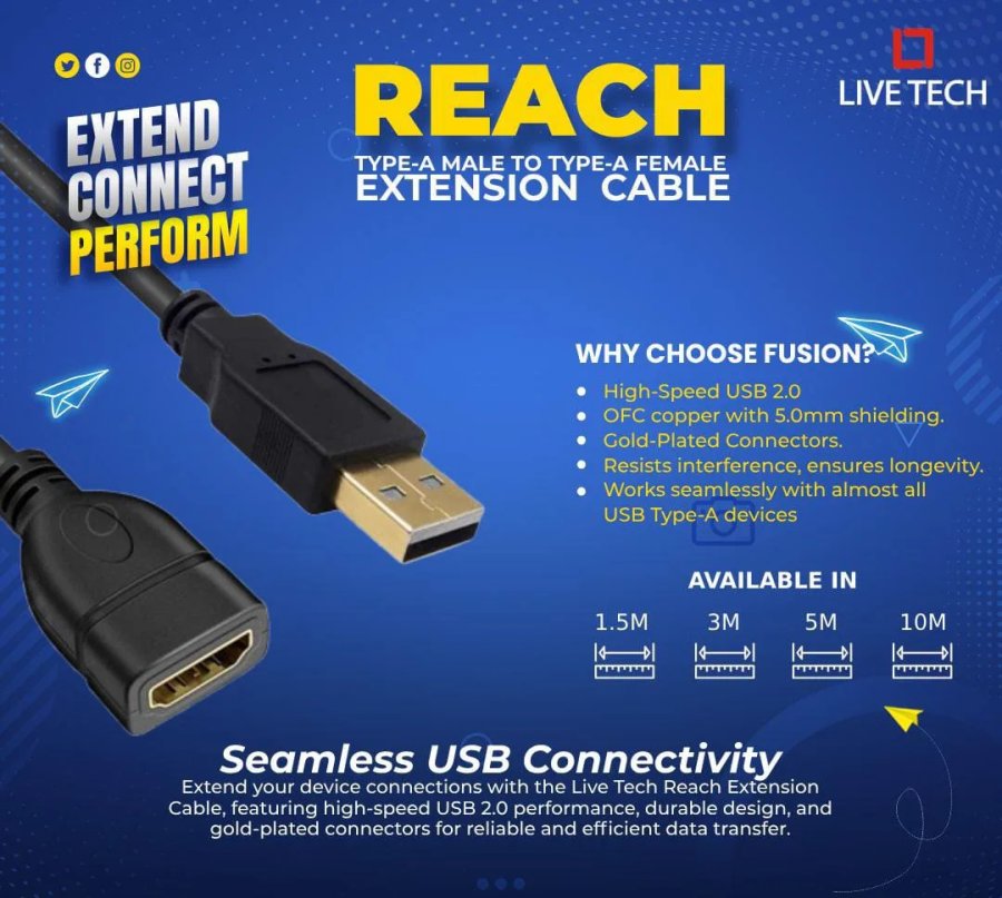 Live Tech USB Extension 2.0 Cable 1.5M (REACH)