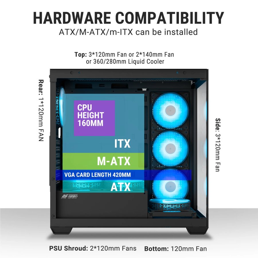 Ant Esports Crystal X7 ATX Cabinet Black 7x120mm Fans