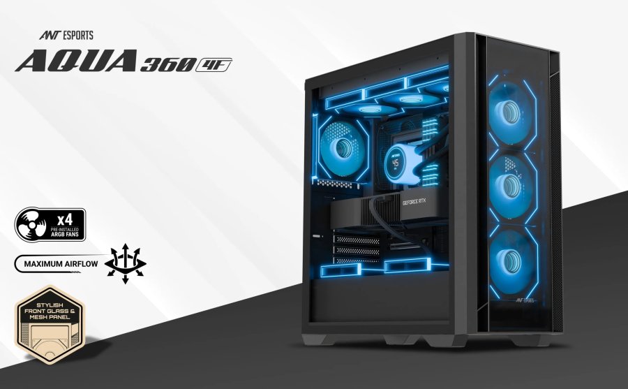 Ant Esports AQUA 360 4F Cabinet Black with 4 Fans