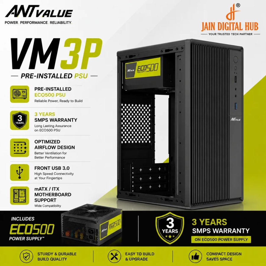 Ant Value VM3P Cabinet (M-ATX/M-ITX) with Pre-Installed PSU