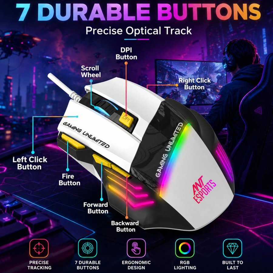 Ant Esports Strike10 RGB Wired Gaming Mouse White