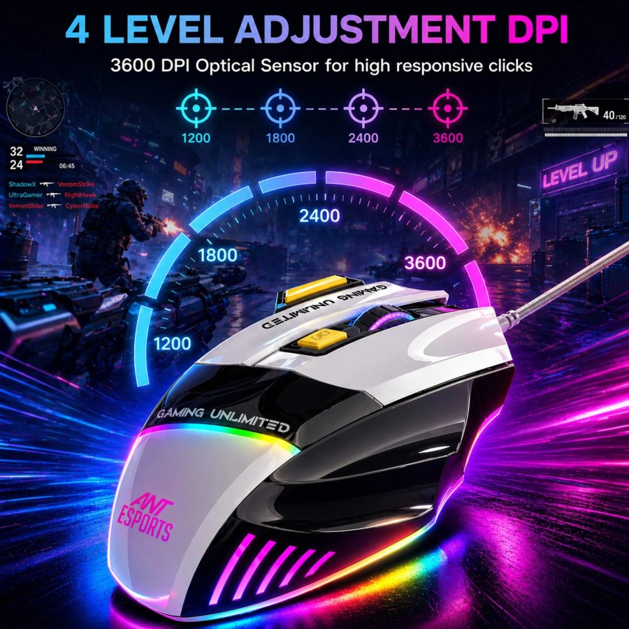 Ant Esports Strike10 RGB Wired Gaming Mouse White