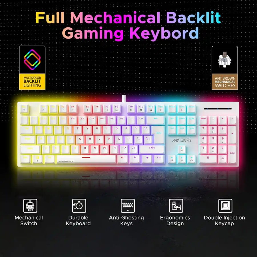Ant Esports MK3400 Pro V3 RGB Mechanical Keyboard Brown Switch - White