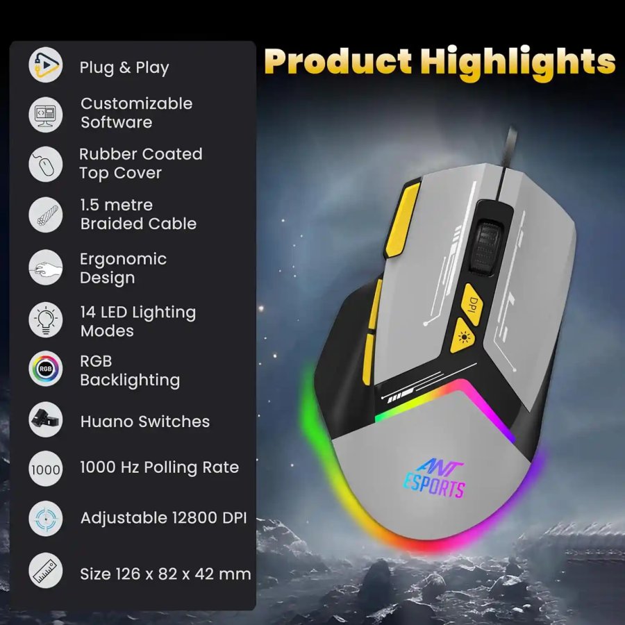 Ant Esports Wired Gaming Mouse RGB GM333 Grey