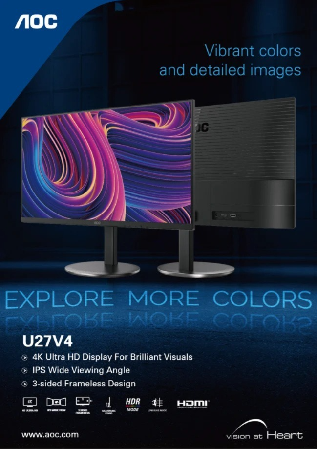 AOC U27V4 27 Inch 4K UHD IPS Monitor